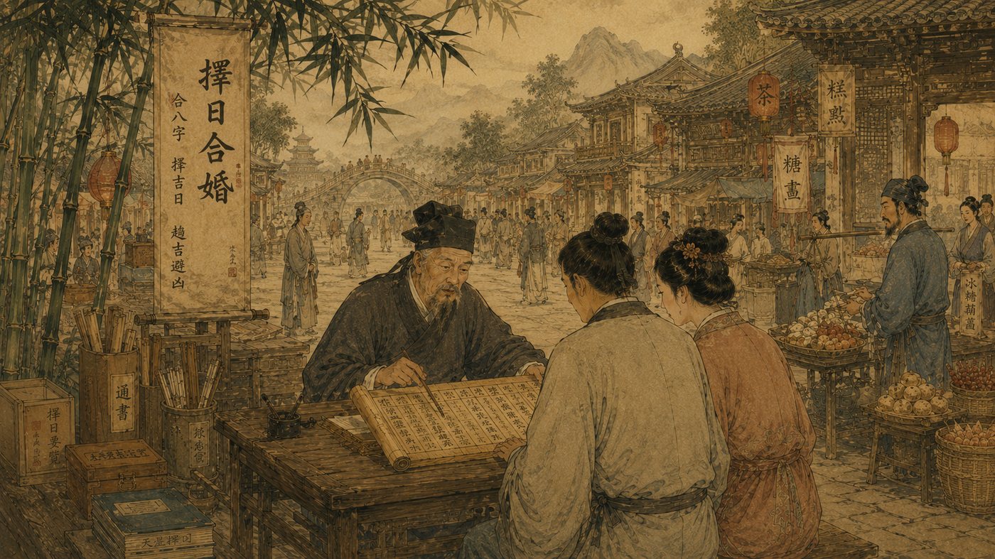 A Chinese date-selection master reading the almanac and both partners' birth charts for a couple at a village market — the tradition of 择日 (zé rì)