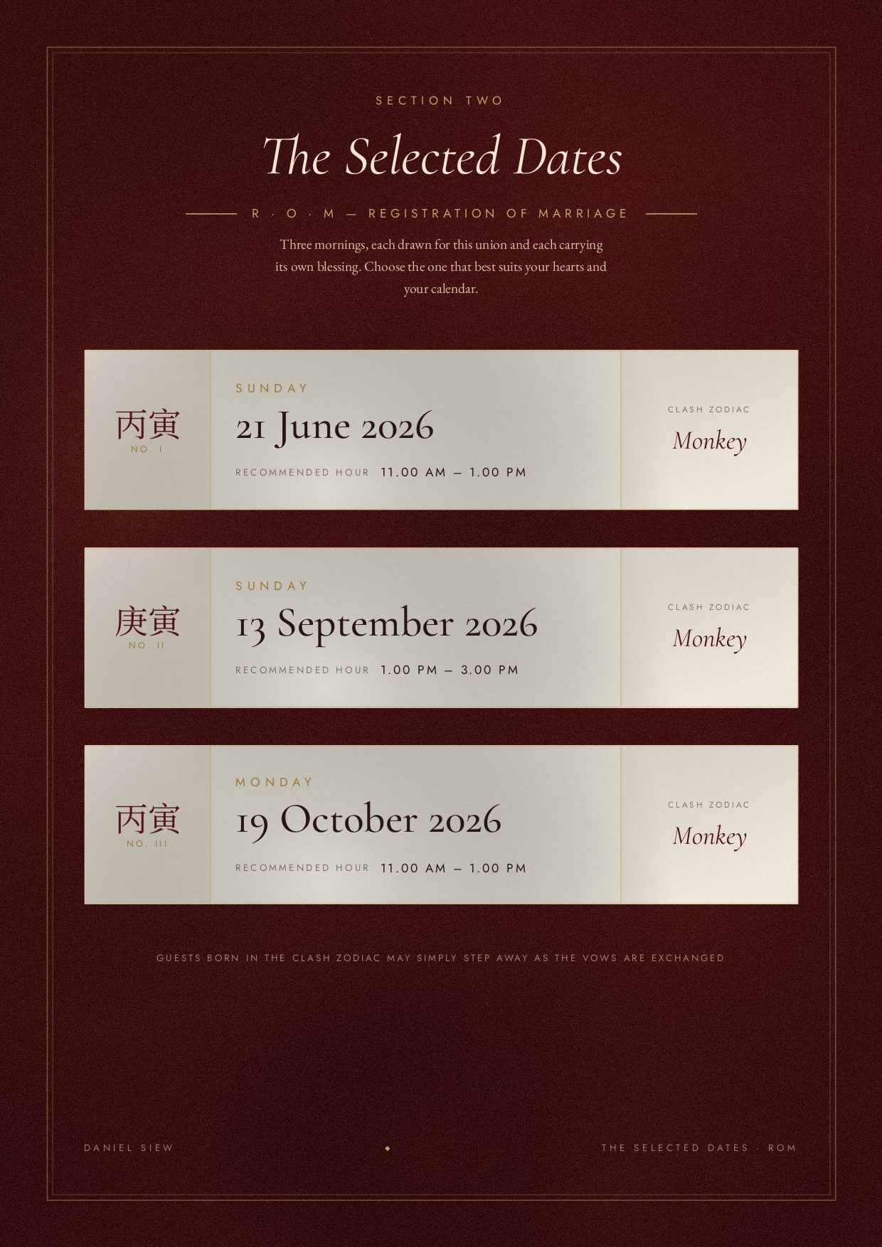 Sample YuanFen report page: The Selected Dates — three auspicious ROM dates with recommended hours and clash zodiac